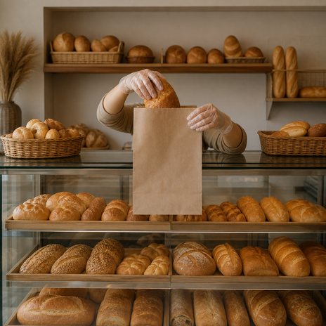 Витрина маленькой пекарни, продавец кладёт выпечку в бумажный пакет