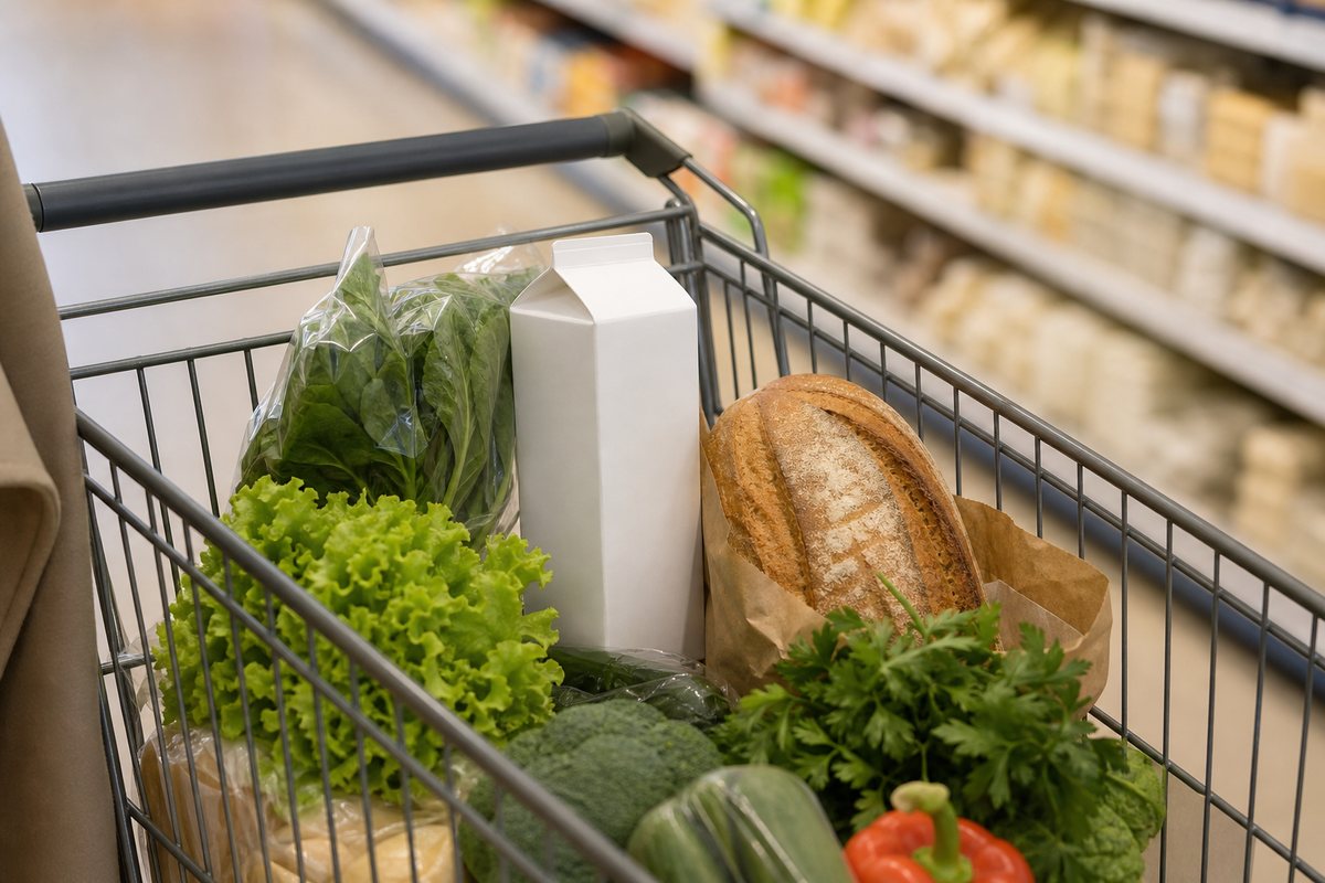 Покупательская тележка с овощами, зеленью, хлебом и молоком в продуктовом магазине