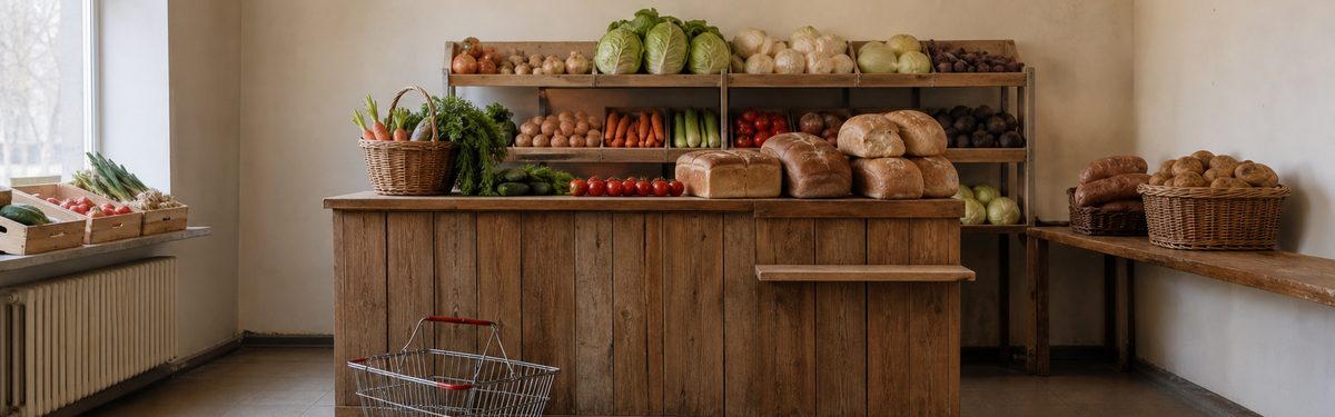 Прилавок небольшого продуктового магазина: овощи, хлеб и корзина покупателя